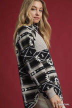 Umgee Womens Sweater Black Aztec Print Sherpa High Neck Snap Pullover 8fc1ad6a-3a9a-4a83-a59a-06e39377e225-Max-Origin Trendsi