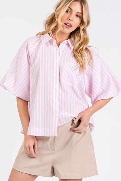 Mittoshop Shirt Striped Pink Puff Short Sleeve Button Down Top with Pocket 8fc5c556-dce2-460a-a64f-26805bdbc529-Min Trendsi