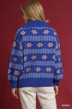 Umgee Womens Sweater Ocean Blue Floral Patterned Jacquard Quarter-Zip Pullover 8fcaced1-9ce2-42e1-b364-401ac894bff8-Max-Origin Trendsi