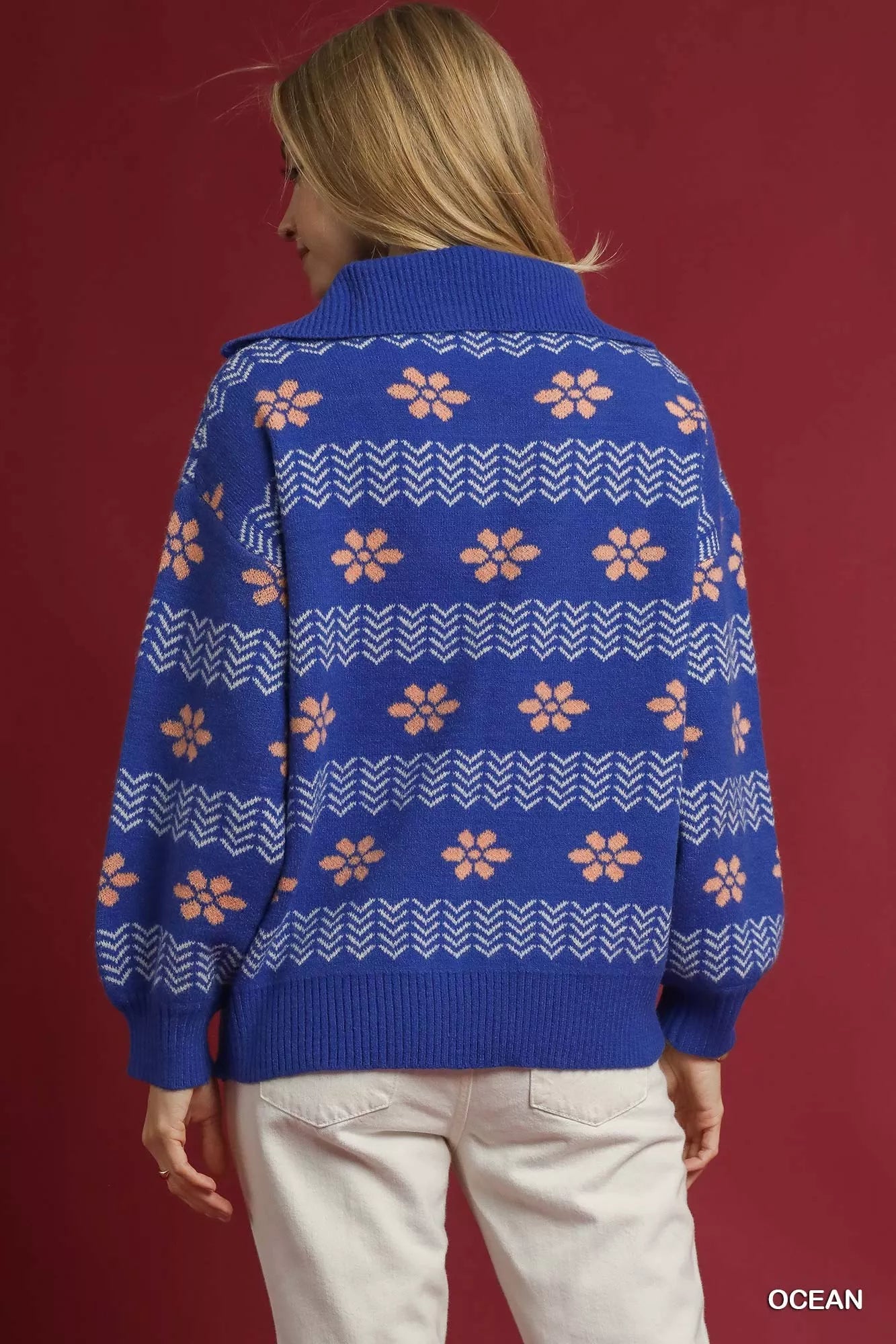 Umgee Womens Sweater Ocean Blue Floral Patterned Jacquard Quarter-Zip Pullover 8fcaced1-9ce2-42e1-b364-401ac894bff8-Max-Origin Trendsi