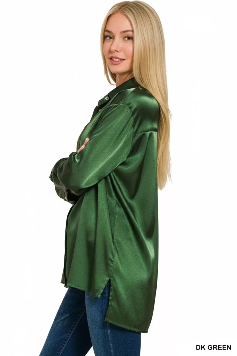 Zenana Satin Button Up Womens Shirt Green Long Sleeve Top 8fdfef68-4e8d-4892-a393-615ad7b40243-Max-Origin Trendsi