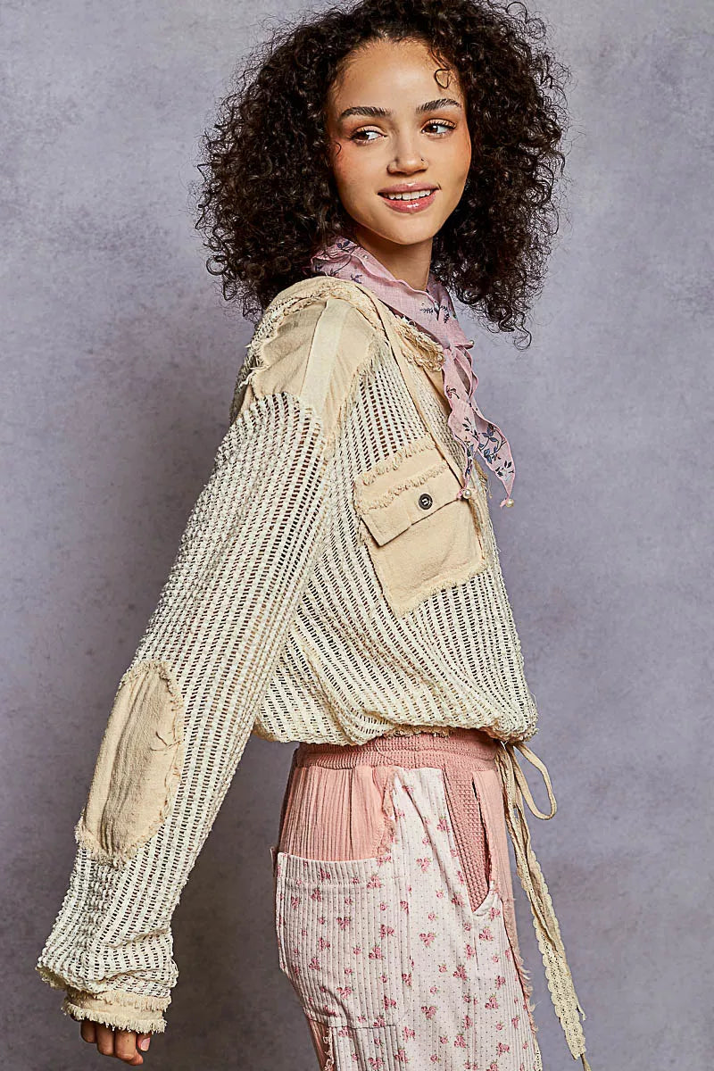 POL Womens Shirt Cream Texture Woven Button Hooded with Drawstring Hem 8fed0297-bfa1-468e-b208-b727b67802cb-Max-Origin Trendsi