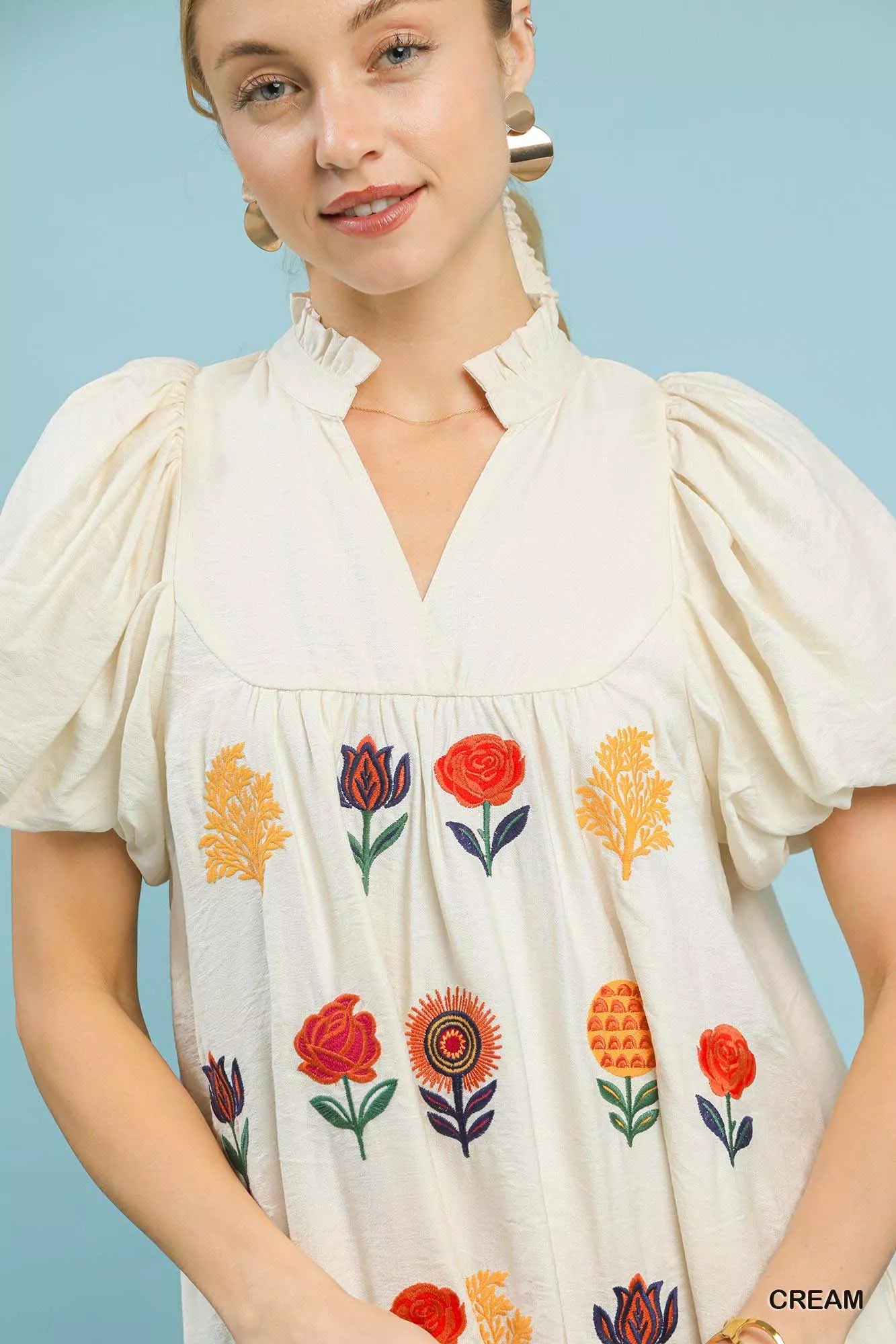 Umgee Mini Dress Cream Floral Embroidered Puff Short Sleeve 8ff54de3-8818-469a-9055-f6c98f4ef88e-Max-Origin Trendsi