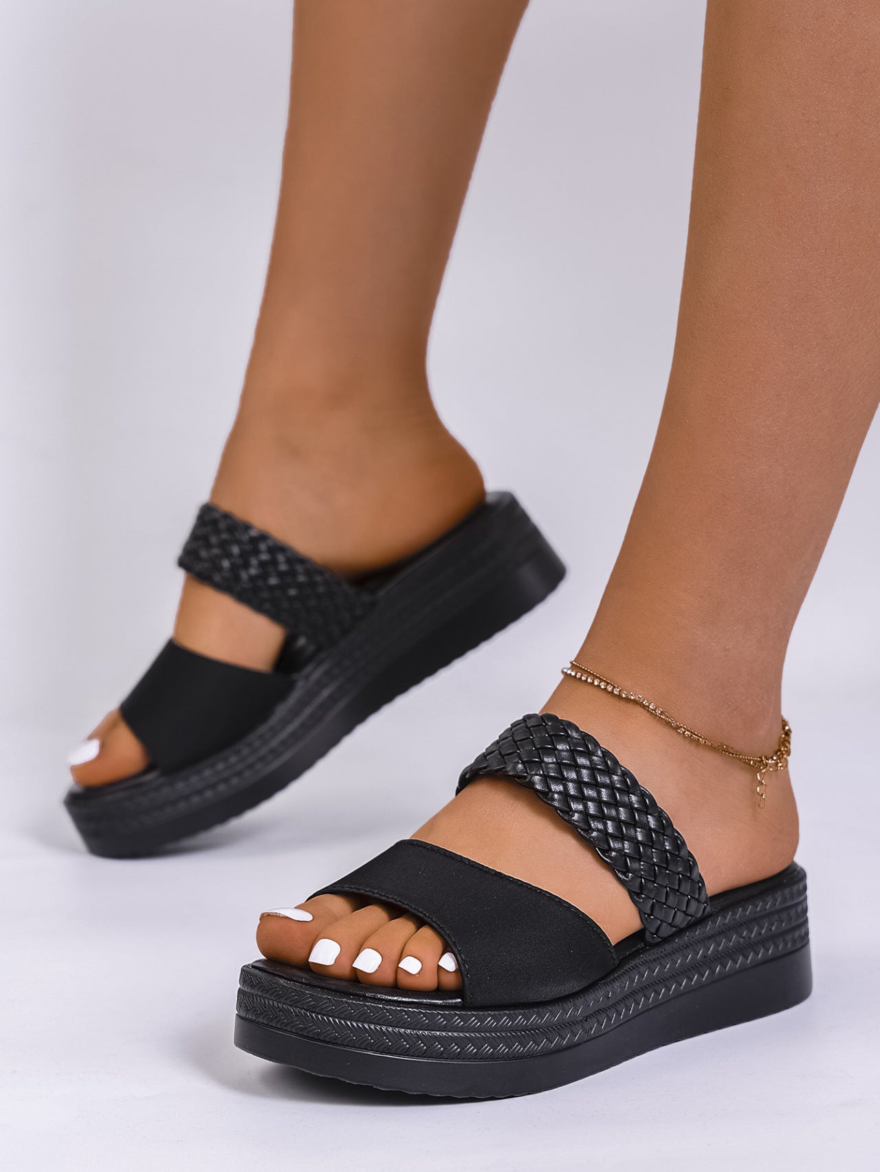 Open Toe Platform Sandals with PU Leather and Rubber Sole, Flats Heel, Multiple Sizes (US 5-11)
