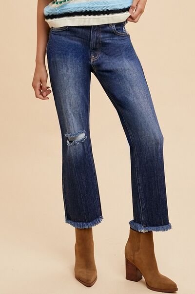 Annie Wear Jeans Distressed Raw Hem Straight Leg Cropped Dark Blue Dark