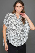 Umgee Shirt Black Floral Two Tone Print Collared Oversized Short Sleeve Top Black 9015bbbb-75e0-45d9-a8e5-b6e799079b9e-Max Trendsi