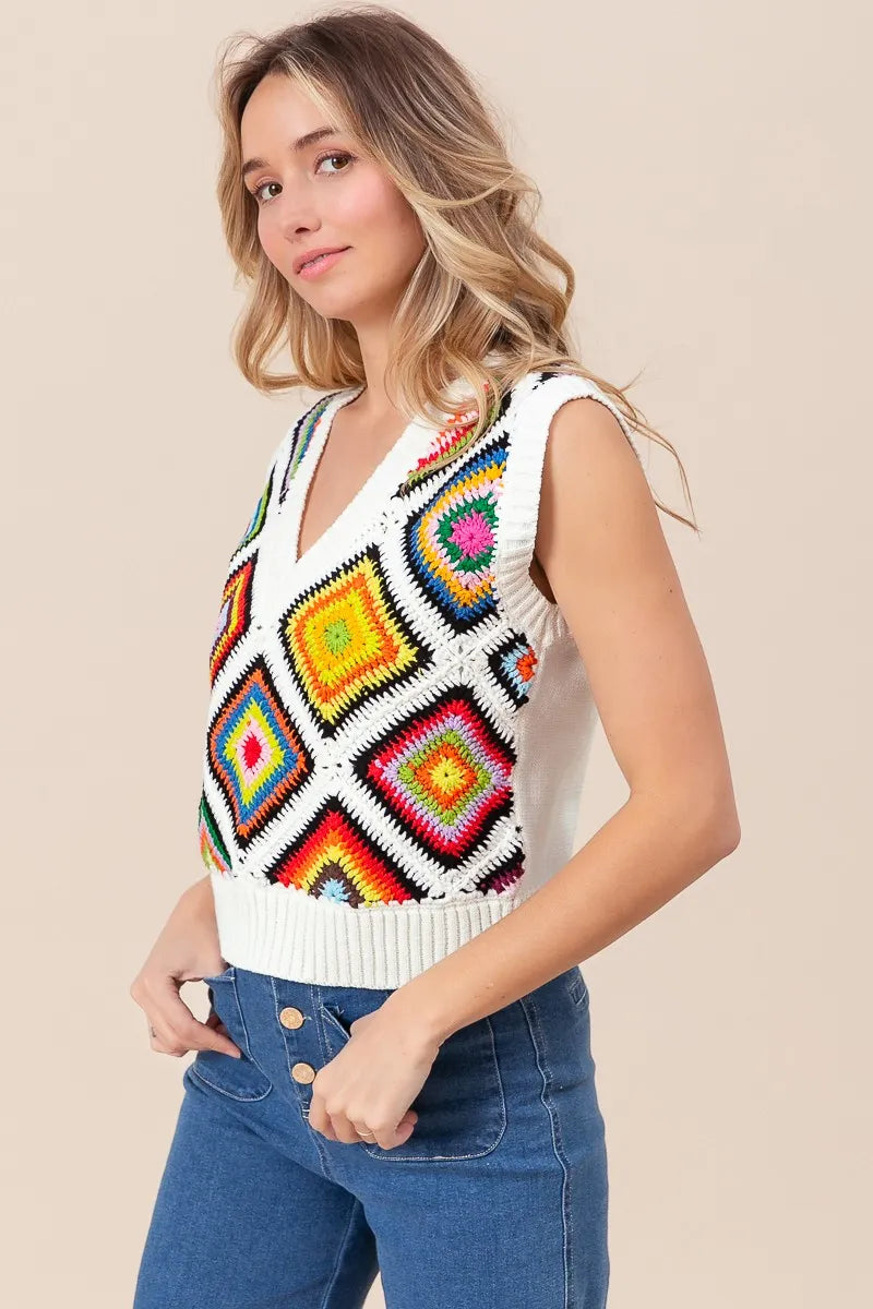 BiBi Sweater Vest Ivory Diamond Granny Multicolor Square Ribbed Knit Top 901a839525804395a9a8f4821dca3c19-Max-Origin Trendsi