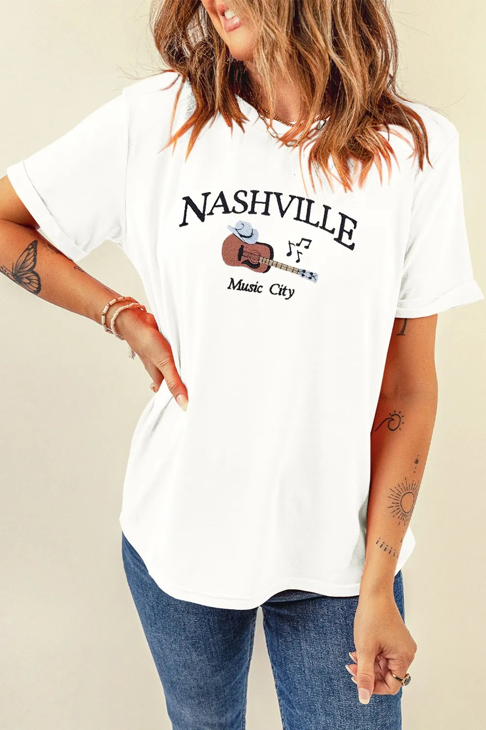 Women's T-shirt Guitar NASHVILLE Music City Print Crewneck Tee 902933c2-3f79-4211-9244-1e22b47e6311-Max-Origin Trendsi