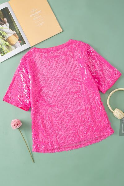 Sequin Blouse Fuchsia Pink Round Neck Half Sleeve Top 9029f69e-4a26-465a-b561-c3f0ff735beb-Min Trendsi