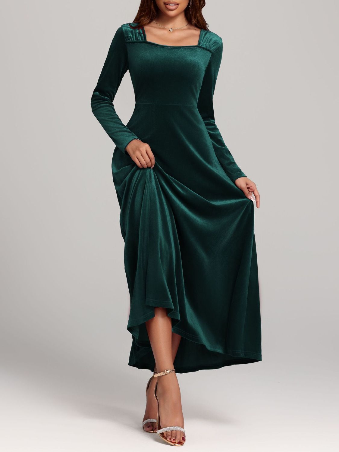 Velvet Midi Dress Square Neck Long Sleeve Women Solid Party Dress Dark Green 90315af3-a581-4e06-bd0f-b00326cc585b-Max Trendsi
