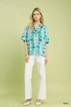 Umgee Blouse Collared Floral Print Teal Short Sleeve Buttoned Top 903be6e8-8b25-4cf8-bc3d-5232e8c0a83b-Max-Origin Trendsi