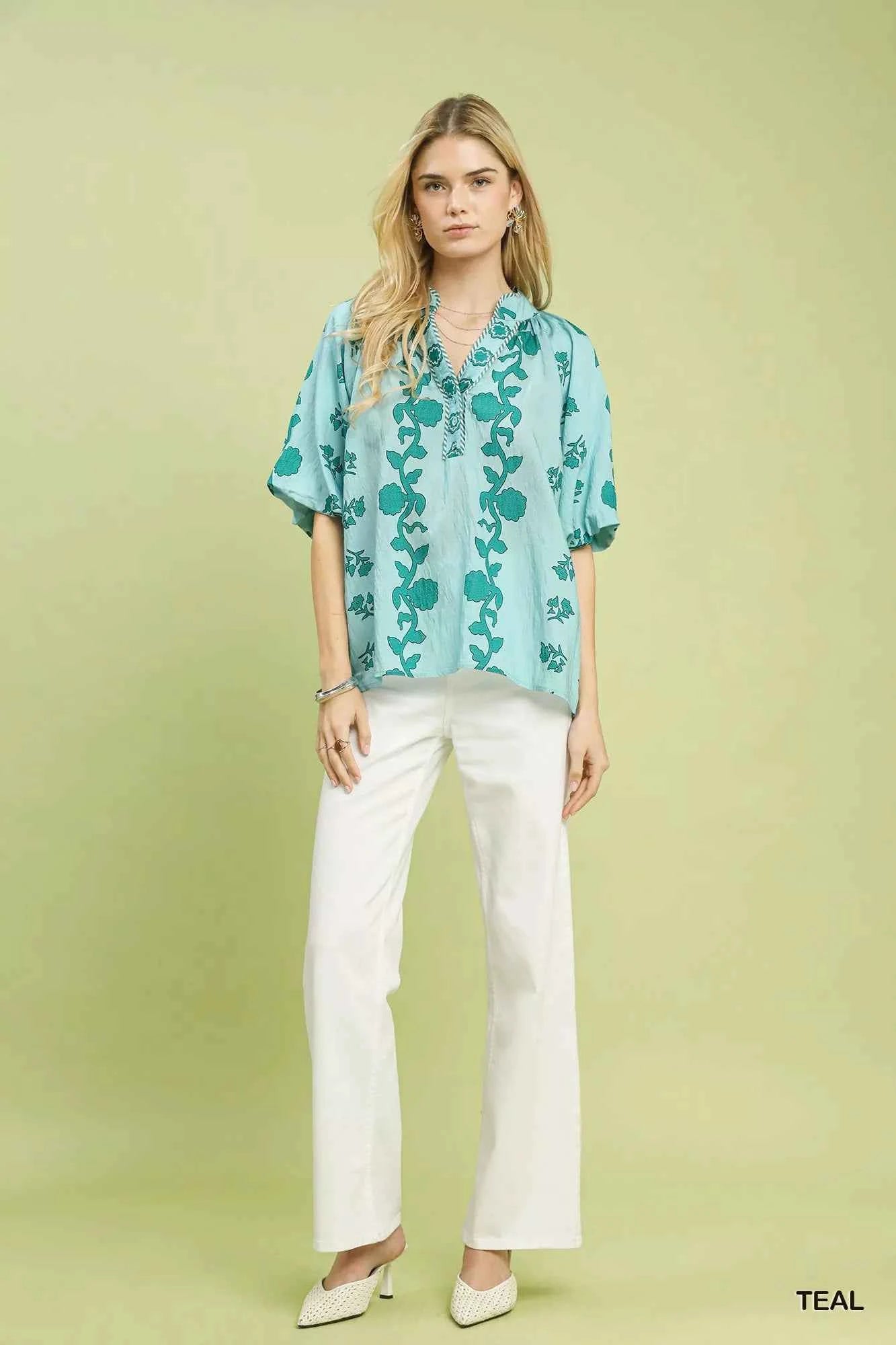 Umgee Blouse Collared Floral Print Teal Short Sleeve Buttoned Top 903be6e8-8b25-4cf8-bc3d-5232e8c0a83b-Max-Origin Trendsi