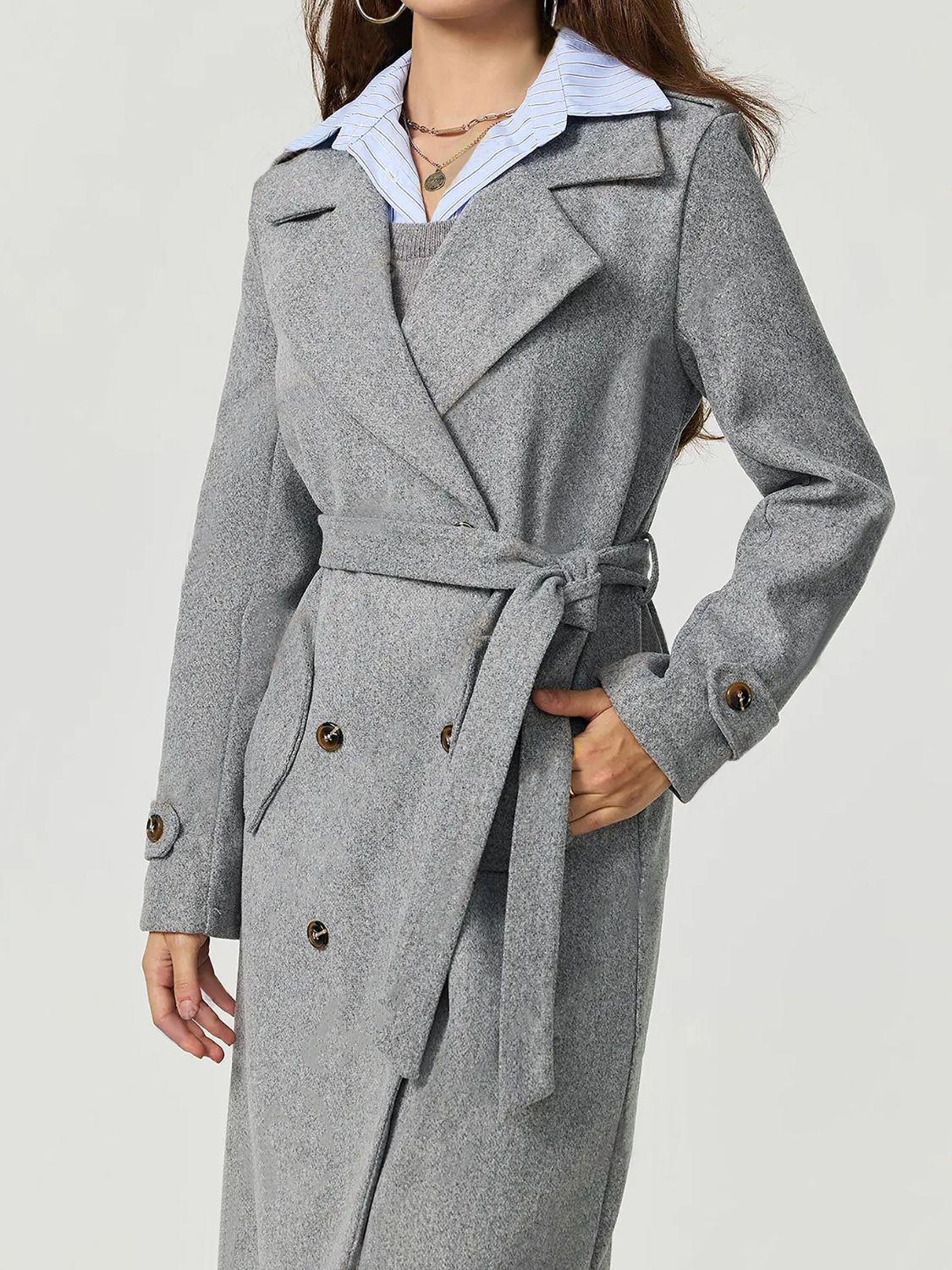 Women Gray Longline Trench Coat Collared Neck Long Sleeve Belted Pocketed