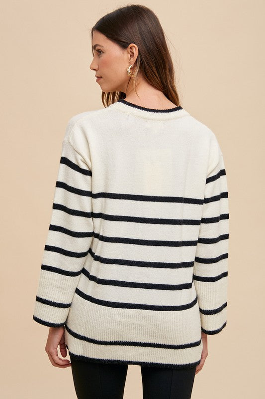 Annie Wear Women Sweater Striped Side Slit Round Neck Long Sleeve Pullover