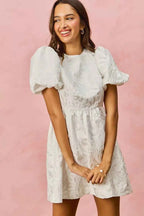 SO ME Jacquard Mini Dress White Floral Bubble Shorts Sleeves 90402d7909dd40b387faf9999e7626e1-Max-Origin Trendsi