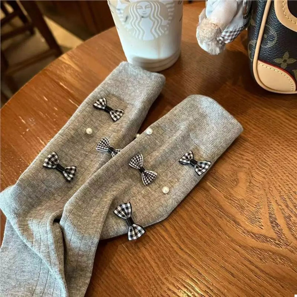 Women's Crew Socks Cotton Bow Pearl Detail Soft 1 Pair Light Gray One Size 90464593-1962-4262-b60f-4c7a3735a62b-Max-Origin Trendsi