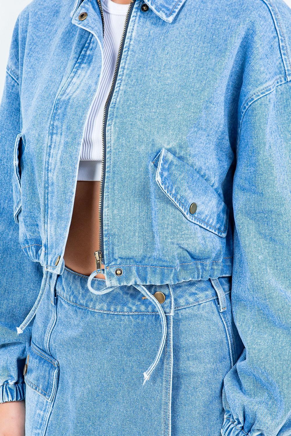 Crop Denim Jacket American Bazi Drawstring Waist Zipper Outwear 904d1467-844e-4d4f-b30a-1fa525300845-Max Trendsi