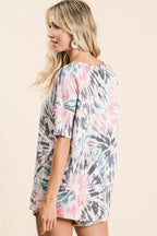 BiBi Tie Dye Print Terry V Neck Top With Contrast Short Sleeve Blouse 90528d17dc39481da81d19f3889f7d28-Max-Origin Trendsi