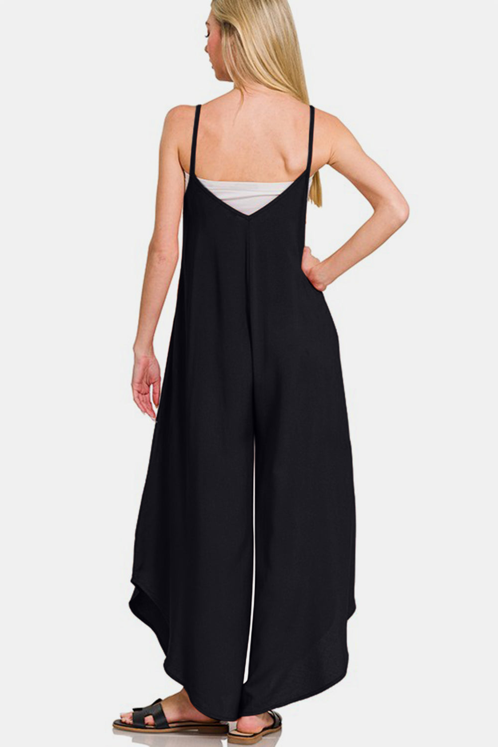 Zenana Women Overall Black Spaghetti Strap Wide Leg with Pockets