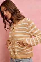 SO ME Women Sweater Cardigan Stripe White Beige Long Sleeves Buttoned 905caab89860449bb5b26d7aba049c11-Max-Origin Trendsi