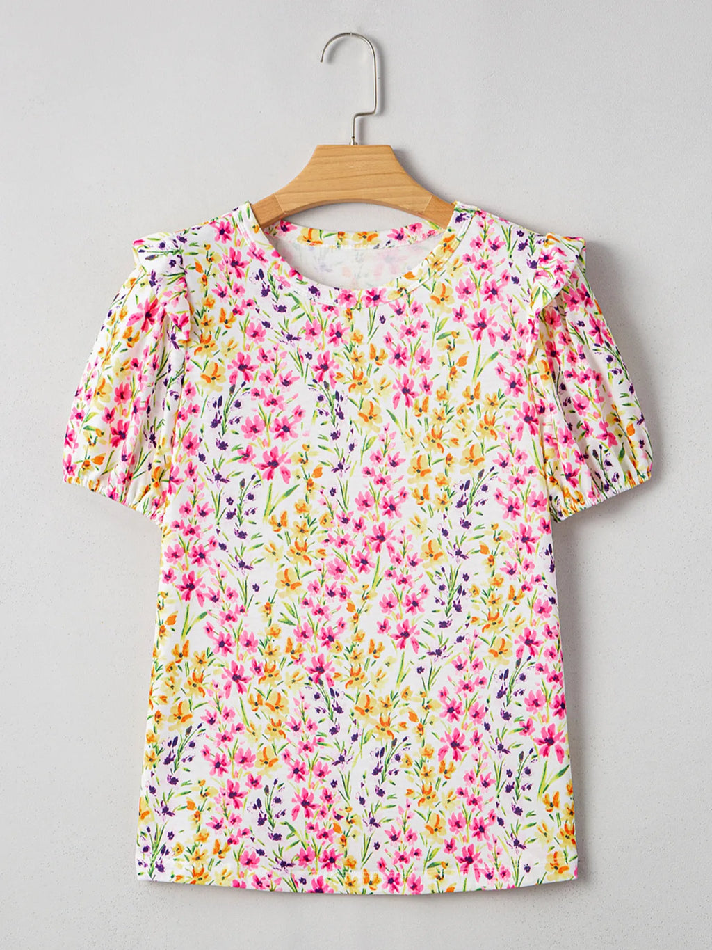 Floral Women's Blouse Puff Short Sleeve Crewneck Casual Ruffle Top 90605eeeeec34a9388910336bb326a48-Max-Origin Trendsi