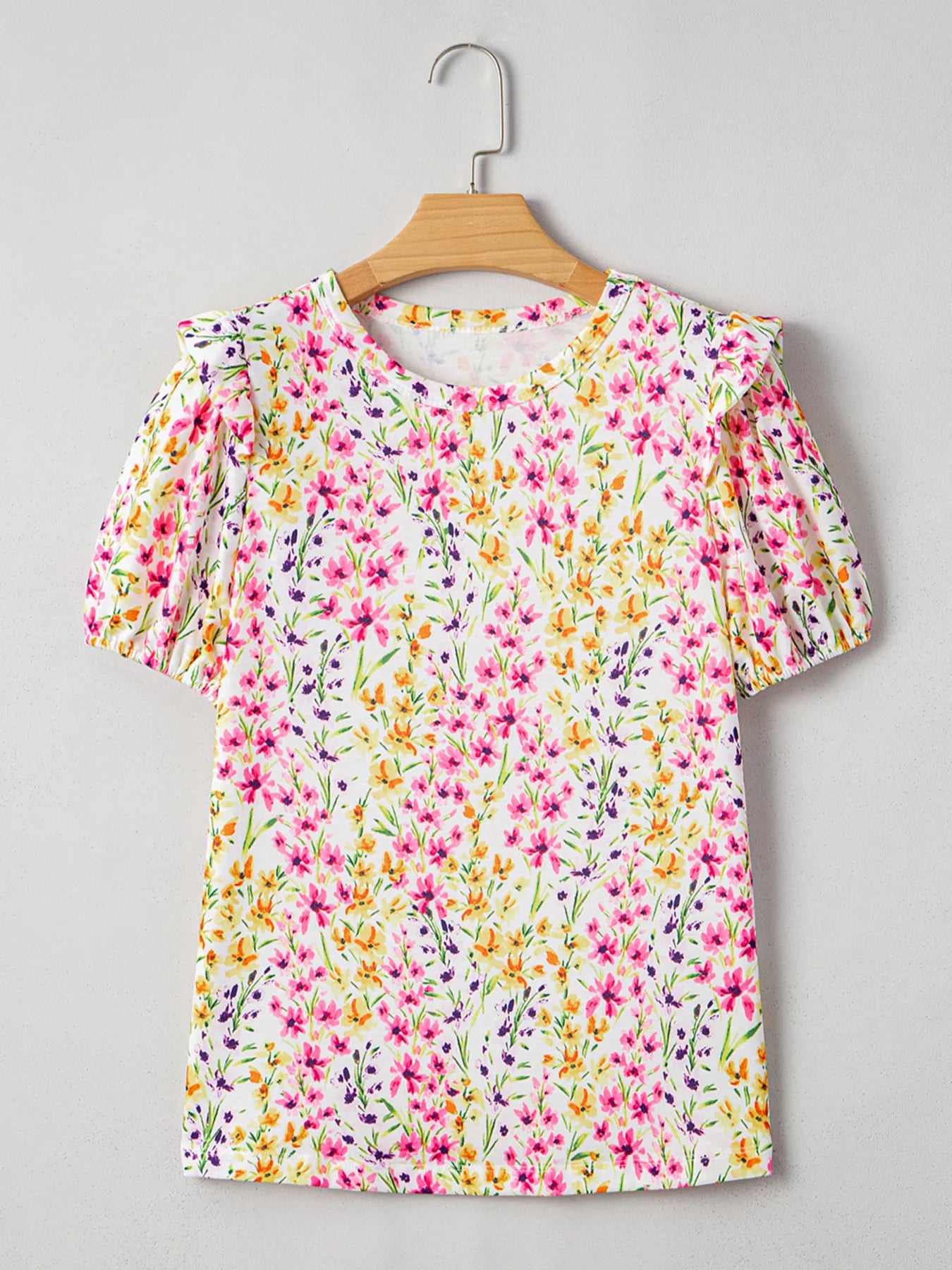 Floral Women's Blouse Puff Short Sleeve Crewneck Casual Ruffle Top 90605eeeeec34a9388910336bb326a48-Max-Origin Trendsi