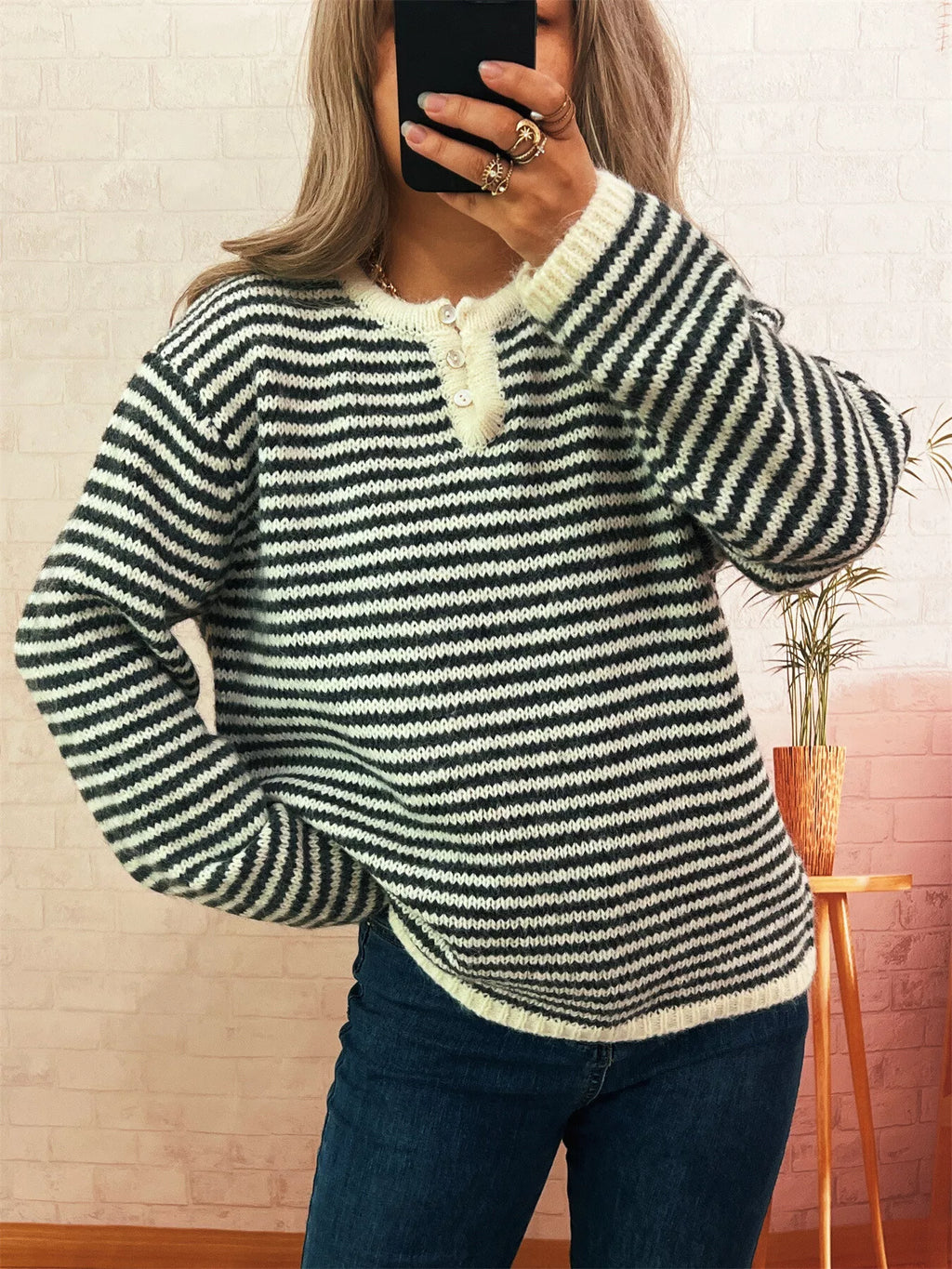 Women's Sweater Striped Button Detail Long Sleeve Pullover 906762b9d1c848a580ad5878c509c69d-Max-Origin Trendsi