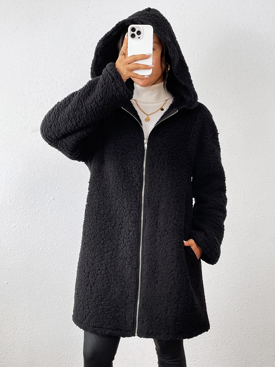 Sherpa Fur Women Coat Black Zip Up Long Sleeve Hooded Longline Pocketed