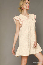 Umgee Mini Dress Pink Cream Bow Print Ruffled Cap Short Sleeve Ruffled 9074f585-9930-454d-b42f-cbb794f05746-Max-Origin Trendsi