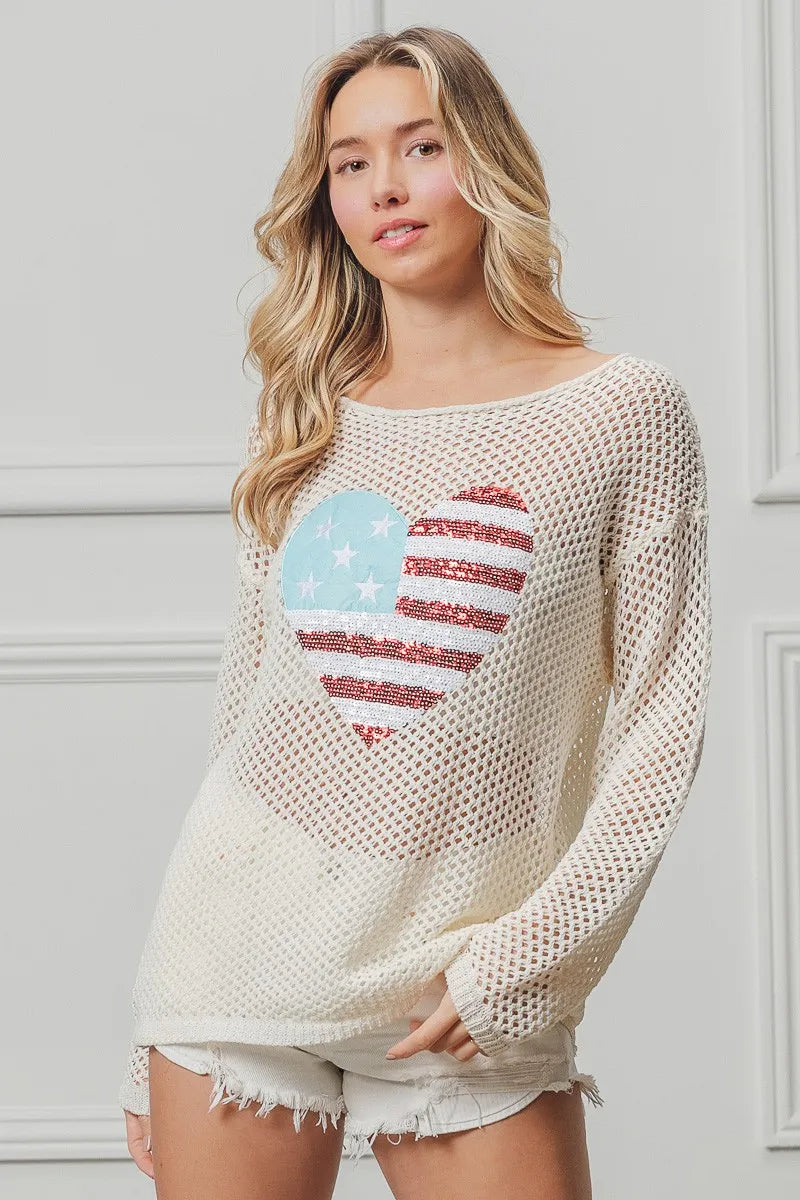 BiBi Knit Top Sequin American Flag Heart Up Embroidered Long Sleeve 90810546d8d746ee8e4d4ff8676c3601-Max-Origin Trendsi