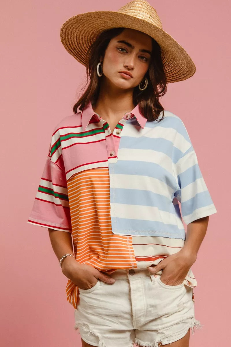 BiBi Women Shirt Mix And Match Stripe Color Block Short Sleeve Top 9086e4a48ef742a1bd26f27e182fe2b7-Max-Origin Trendsi