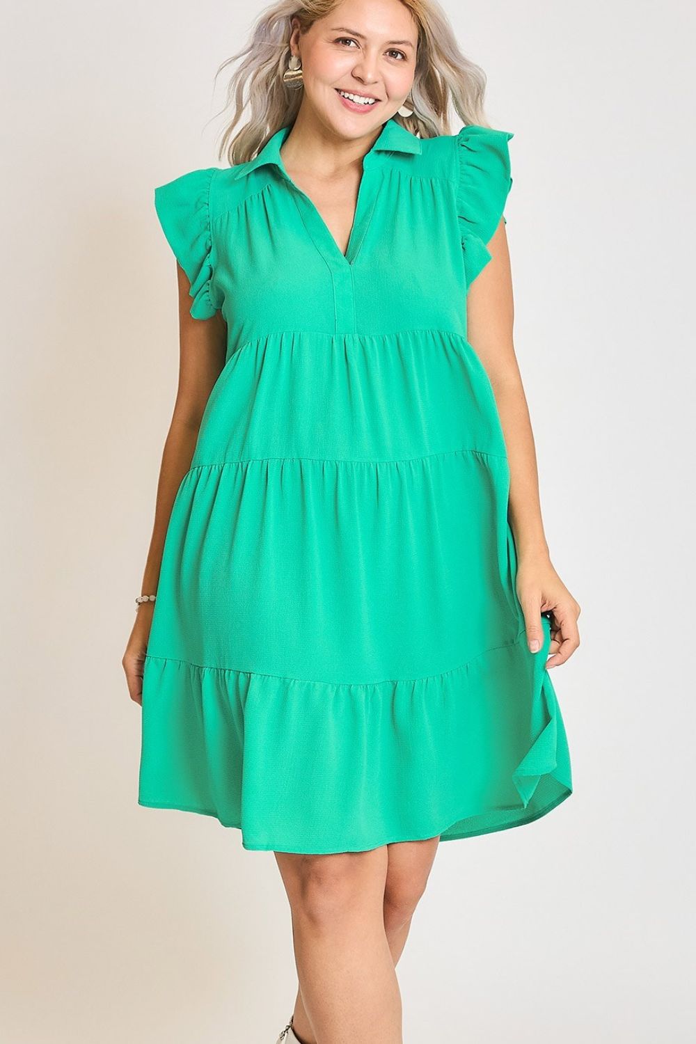 Umgee Mini Dress Ruffle Jade Green Johnny Collar Cap Sleeve Tiered 9088c450-a021-4d3c-b865-a5efc0da5be3-Max Trendsi