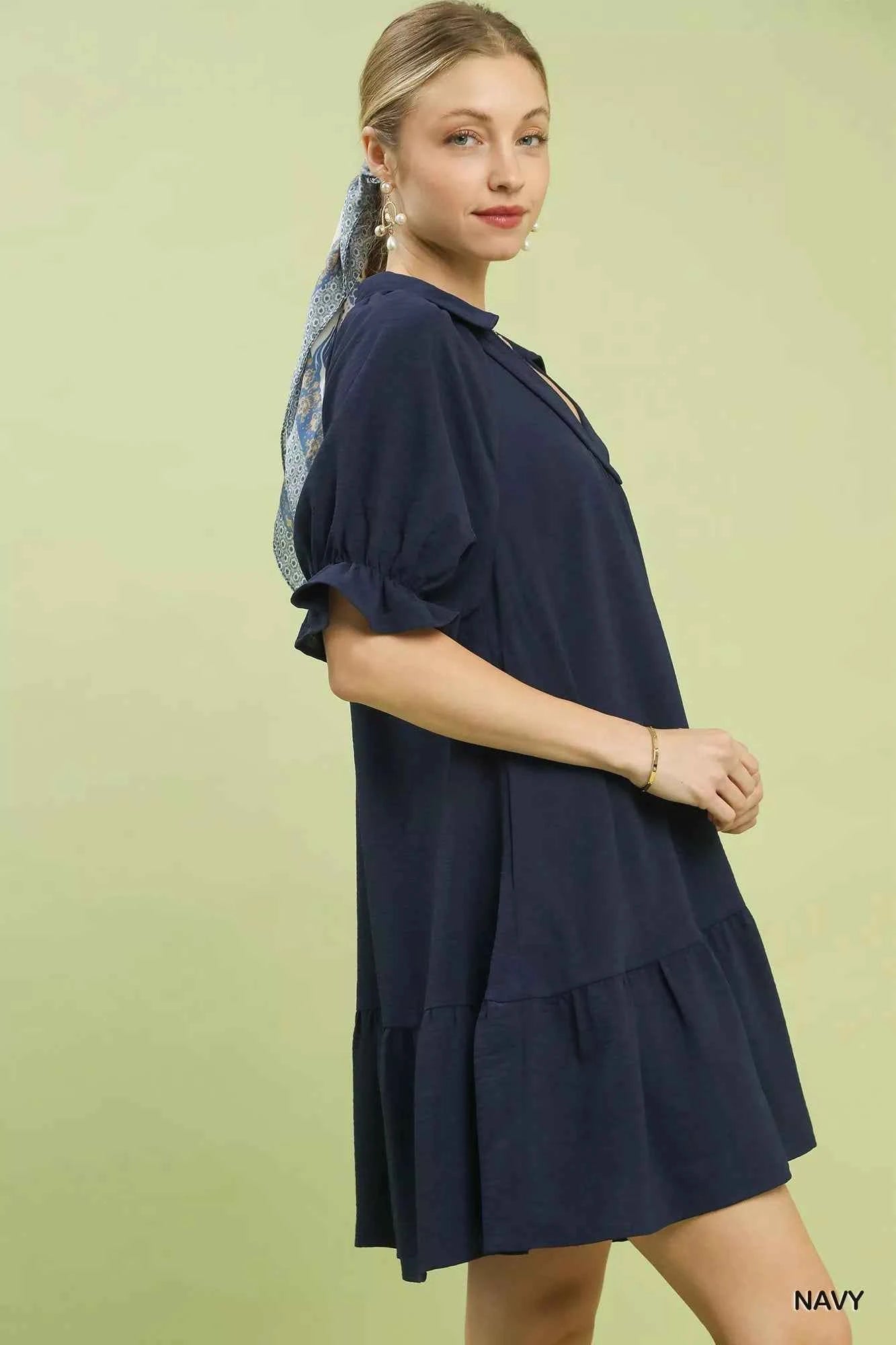 Umgee Babydoll Dress Navy Tiered Puff Short Sleeve Ruffled 90896c92-3d14-4cbc-a009-536b62dc93c8-Max-Origin Trendsi