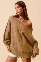 SO ME Womens Sweater Taupe Loose Fit Exposed Seam Slouchy Boucle 908cccd038f74584a60e4dffb9825406-Max-Origin Trendsi