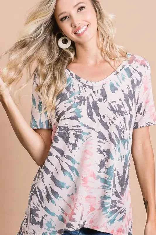 BiBi Women T-shirt Tie Dye Print Terry Deep U Neck Top Short Sleeve Top TIE DYE 908cff09405f4f19bd8f5106abc63f2a-Max-Origin Trendsi