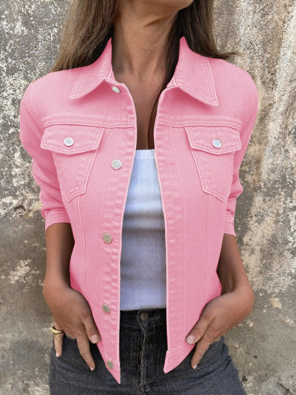 Women's Denim Jacket Short Button Front Long Sleeve with Pockets Pink 90906d3b-b71f-471f-9226-481a3c4fdb5f-Max-Origin Trendsi