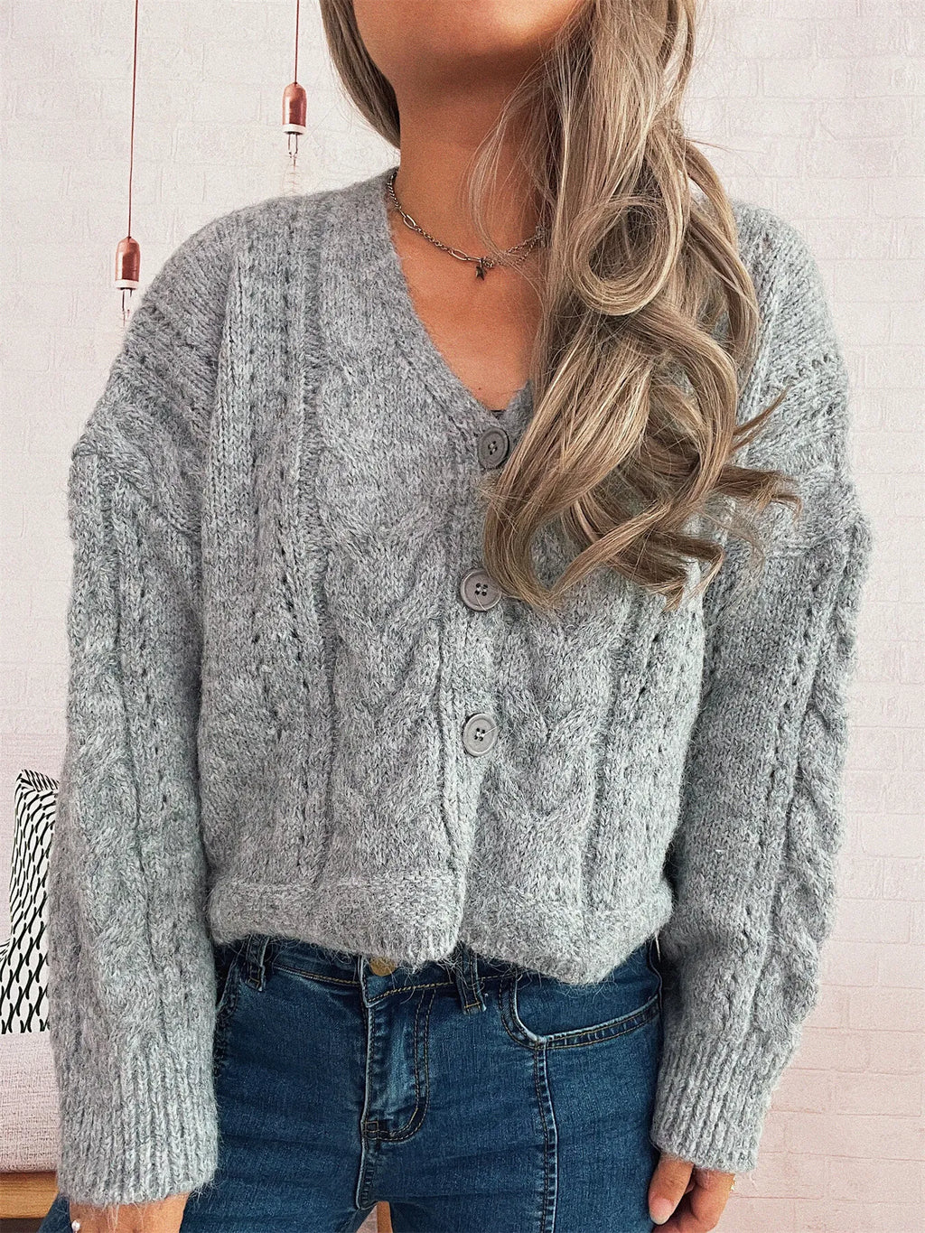 Women's Cardigan Cable Knit Button-Up Soft Knit Acrylic Long Sleeve Gray One Size 9090ff986c84434eb332da3dd308ac08-Max-Origin Trendsi