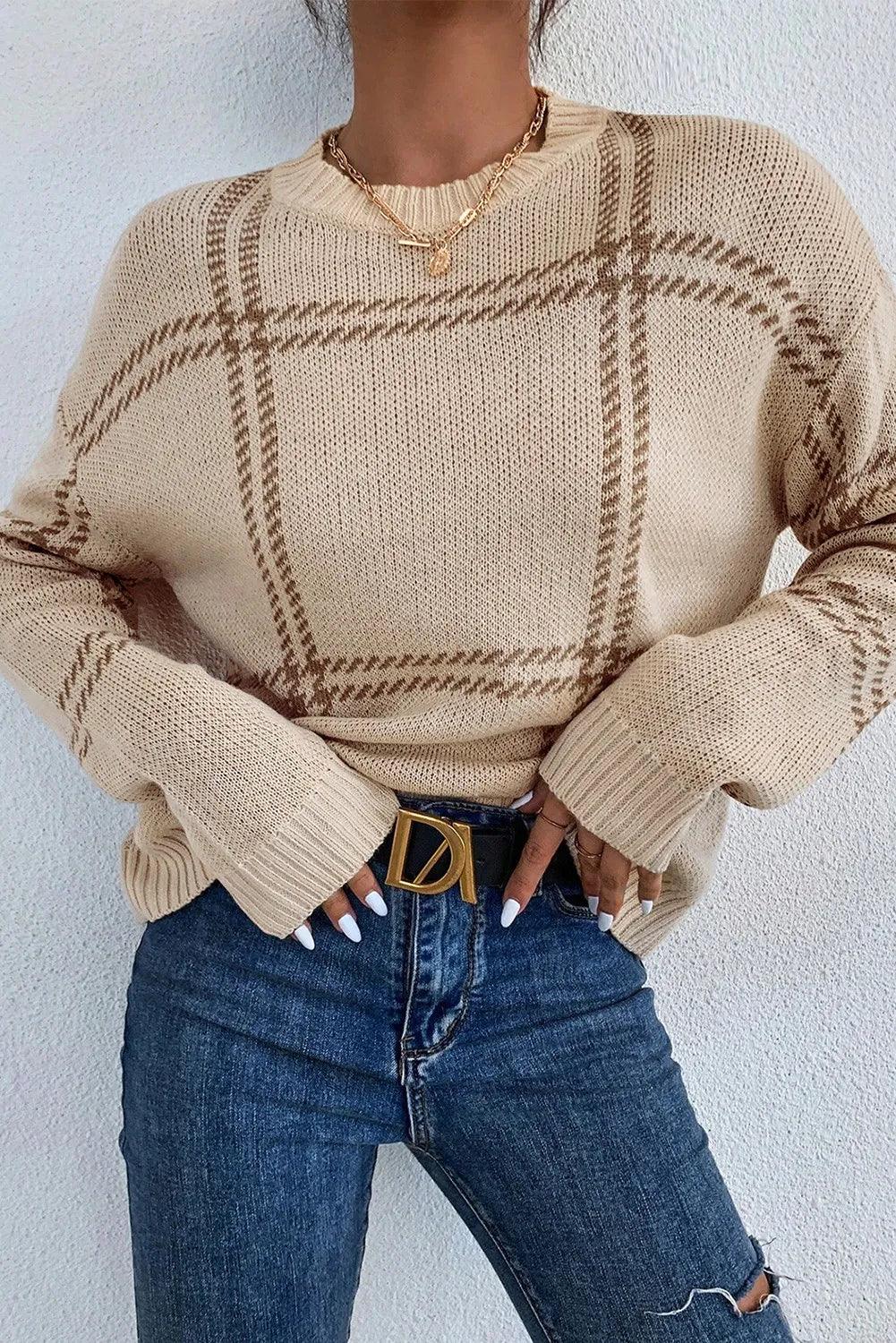 Plaid Sweater Round Neck Dropped Shoulder Long Sleeve Top Tan 909333a3-a408-4443-9b3d-f5eebe54ef67-Max Trendsi