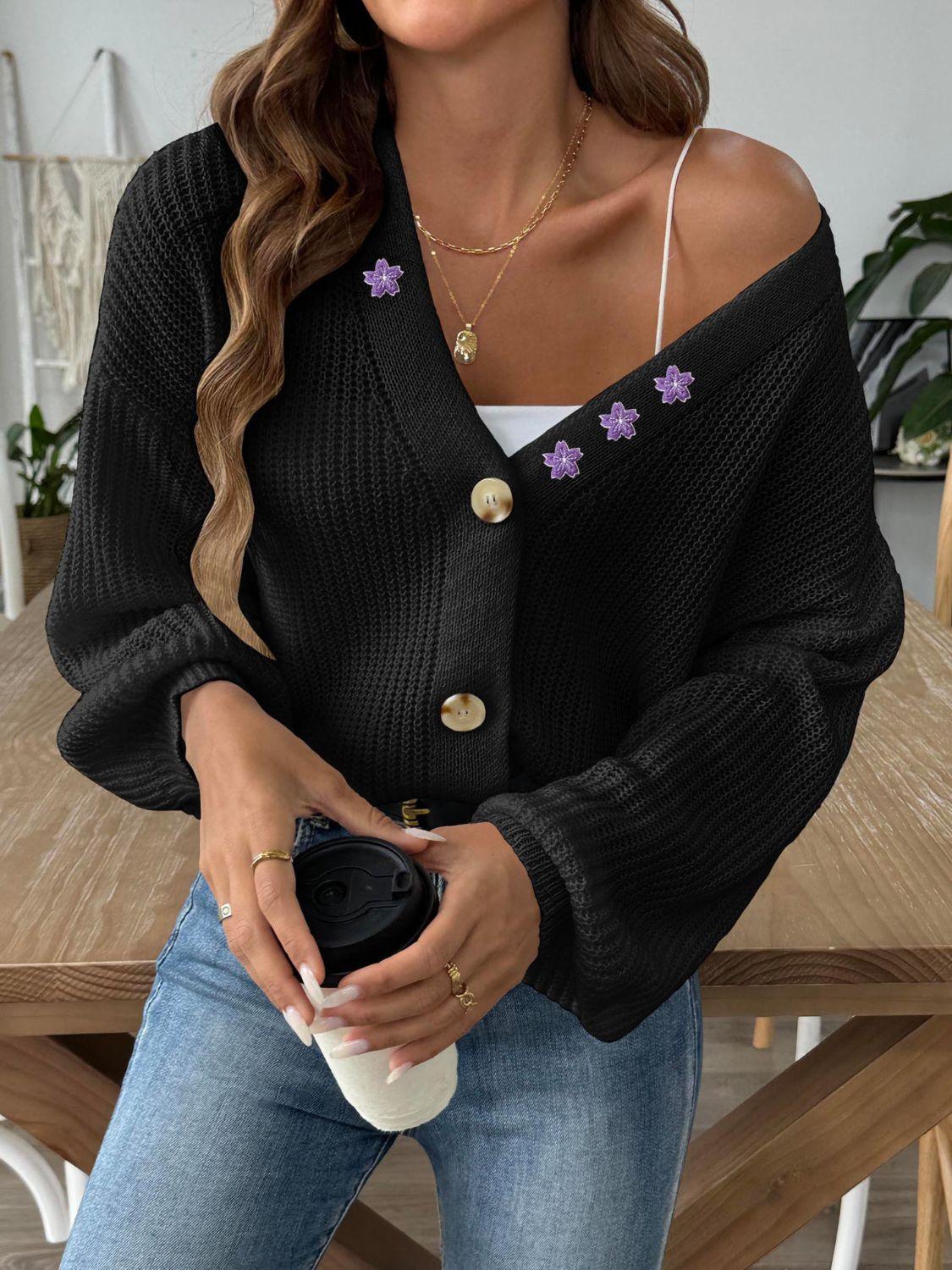 Knit Cardigan V-Neck Flower Embroidered Button Up Long Sleeve 90940f50-3010-4e5e-8e84-52abbef7c978-Max Trendsi
