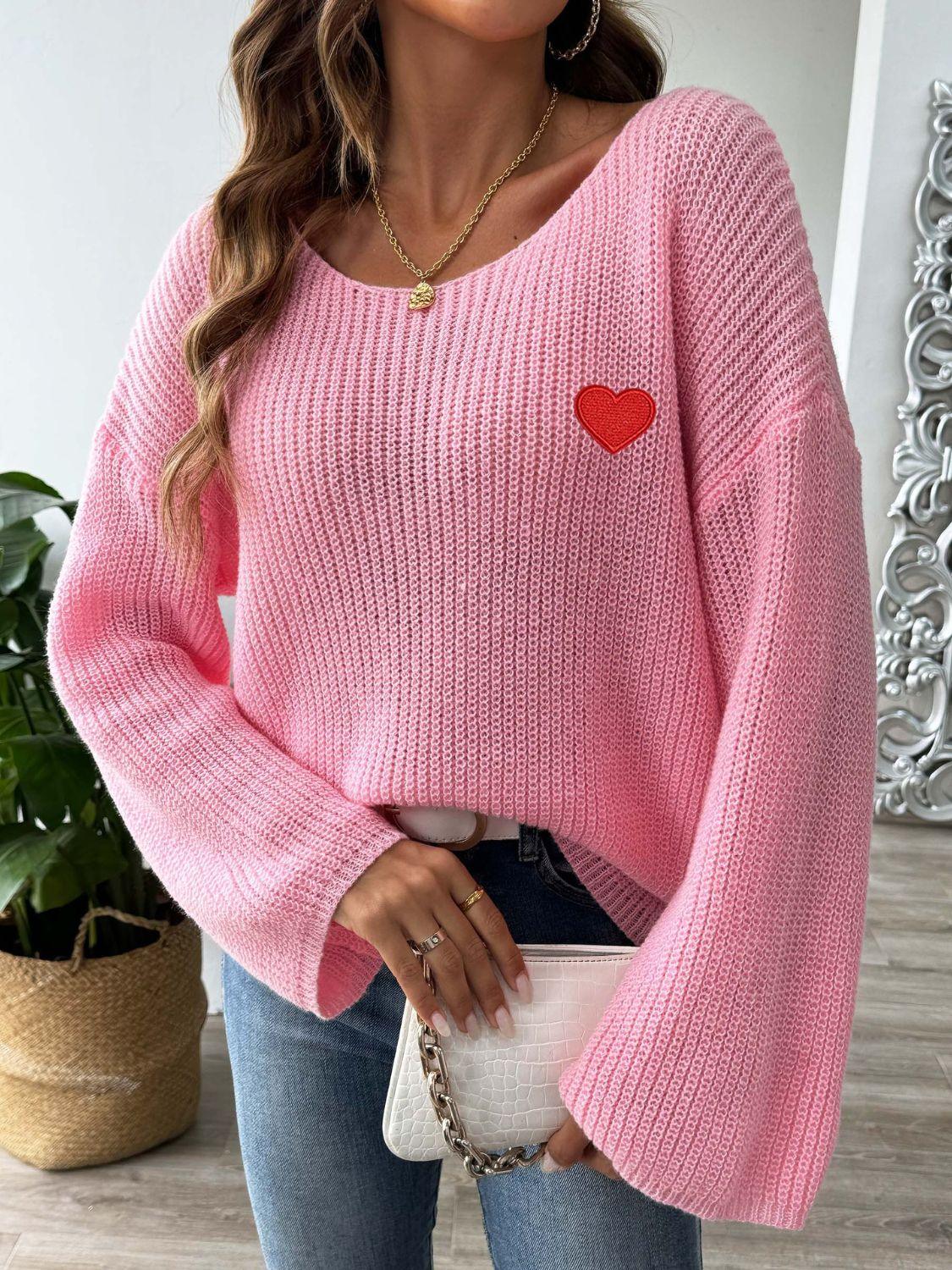 Sweater Heart Embroidered Boat Neck Dropped Shoulder Long Sleeve Pink 9096b671-5995-4b2b-8c23-ebf2fe63958b-Max Trendsi
