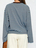 Back view of brown and light blue striped t-shirt displaying consistent horizontal alignment and dropped shoulder design with