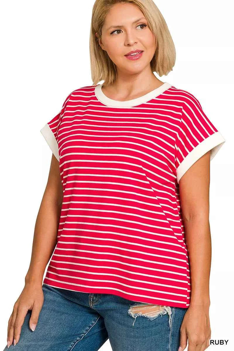Zenana Women T-shirt Ruby Red Contrast Stripe Trim Cap Sleeve Tee Plus Sizes 909a47db-b076-40d9-915f-38f842c3ff96-Max-Origin Trendsi