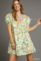 Umgee Short Dress Green Floral Print Ruffled Tie Neck Puff Sleeve Tiered GREEN MIX 909b3b5d-2f2c-49a5-9bfe-d2e6a6de187a-Max-Origin Trendsi