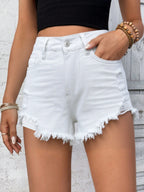 Women's Denim Shorts White Raw Hem High Waist Distressed Jeans White 909e5ba796e5478a840357c4a3407b4e-Max-Origin Trendsi