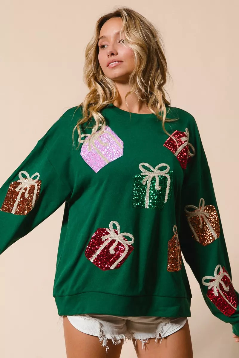 BiBi Pullover Sequin Christmas Gift Box Embroideries Green Womens Sweater 90a5fe68bbdf4dca8e2392b2a69471ff-Max-Origin Trendsi