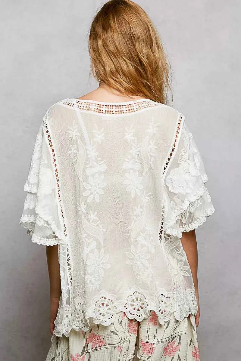 POL Floral Crochet V-Neck Short Sleeve Blouse with Scalloped Hem