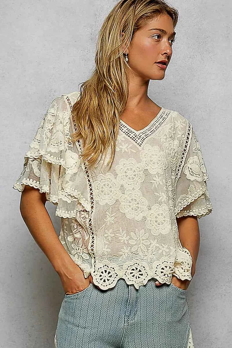 POL Floral Crochet V-Neck Short Sleeve Blouse with Scalloped Hem