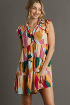 Umgee Mini Dress Peach Fuchsia Print Button Detail Ruffle Short Sleeve PEACH FUCHSIA 90b9bb07-27f3-4add-b033-a608050f429a-Max Trendsi