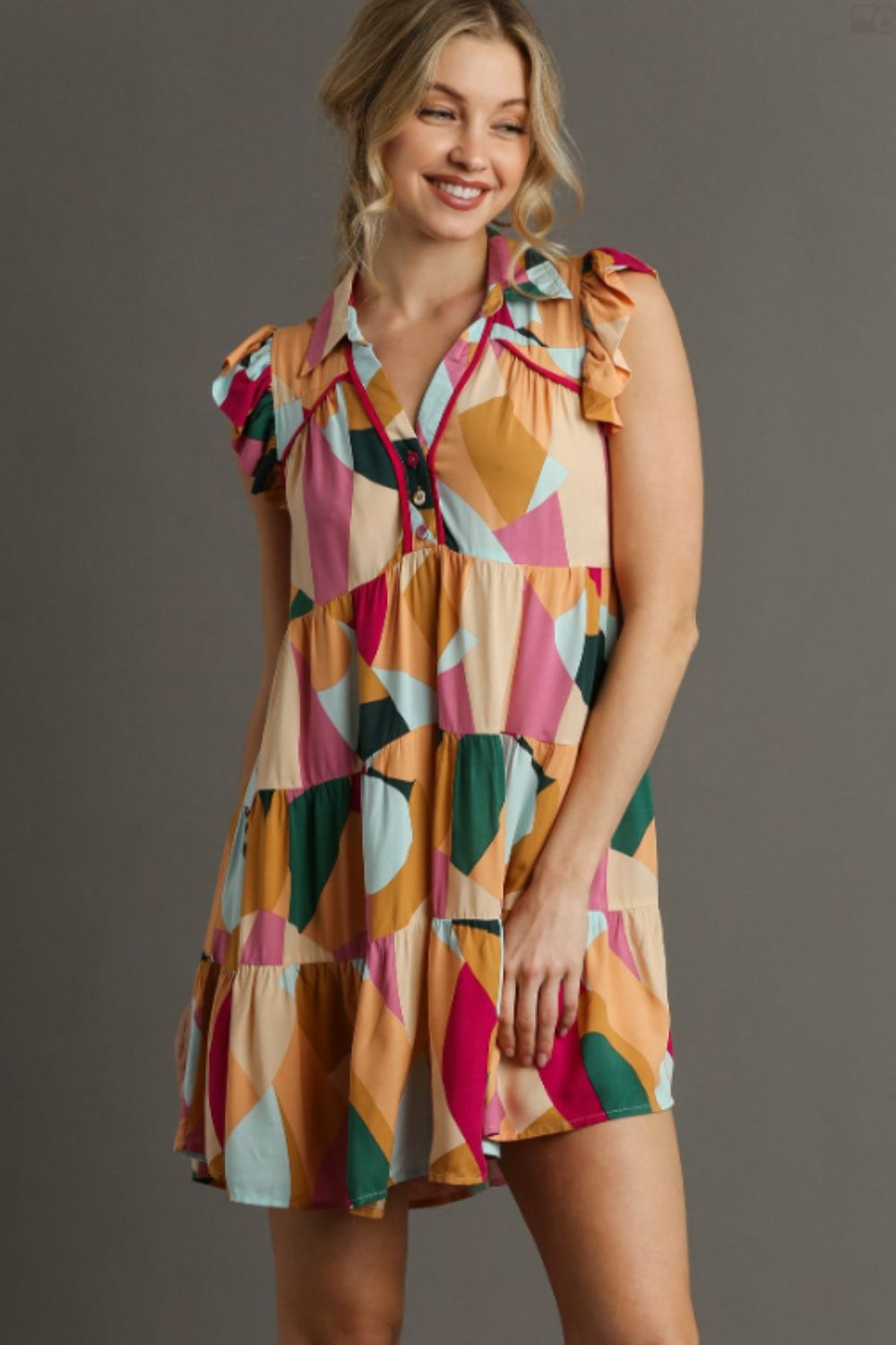 Umgee Mini Dress Peach Fuchsia Print Button Detail Ruffle Short Sleeve PEACH FUCHSIA 90b9bb07-27f3-4add-b033-a608050f429a-Max Trendsi