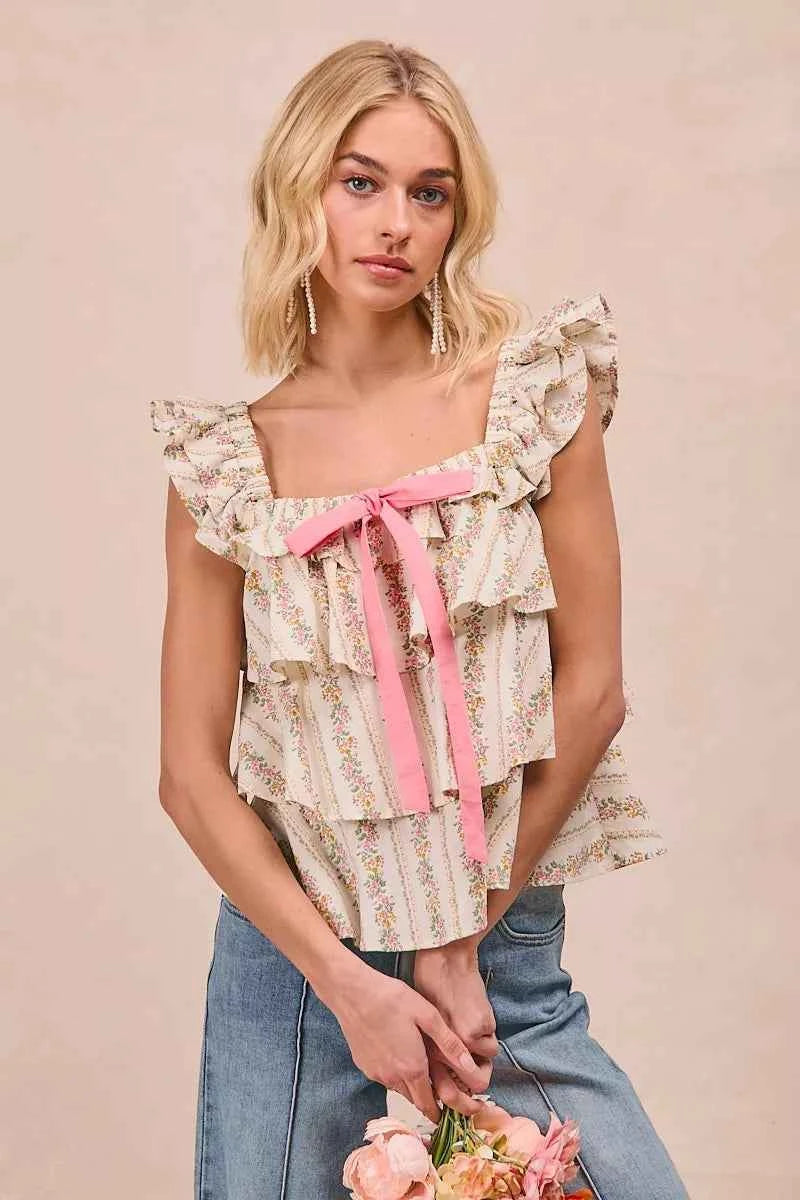 BiBi Floral Printed Woven Front Bow Tied Ruffled Square Neck Sleeveless Top